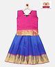 Kanakadara Pure Silk Sleeveless Elephant & Peacock Foil Printed Pattu Pavadai Set - Pink & Blue