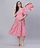 Mamma's Maternity Rayon Half Bishop Sleeves Floral Printed Maternity Dress With Nursing Access - Pink