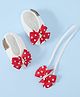 Funkrafts Handmade Crochet Bow Applique Detailed & Pearl Embellished Booties & Headband Set - White & Red
