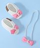 Funkrafts Handmade Crochet Bow Applique Detailed & Pearl Embellished Booties & Headband Set - White & Pink