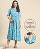 Chayim Viscose Rayon Half Sleeves Leaves Printed Maternity Dress With Nursing Access - Blue