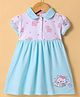 ToffyHouse Interlock Knit Half Puffed Sleeves Frock with Floral Print & Puppy Embroidery - Light Blue