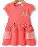 ToffyHouse Single Jersey Knit Half Sleeves Dress With Floral Embroidery & Bow Applique - Coral Pink