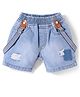 Little Kangaroos Knee Length Solid Denim Shorts With Distressed Pattern & Suspender - Medium Blue