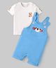 Mark & Mia Interlock Knit Half Sleeves T-Shirt And Dungaree Set With Teddy Print - Light Blue & White