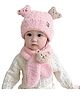 Babymoon Fleece Bear Applique Designed Cap With Scarf - Pink