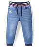 Babyhug Full Length Washed Denim Jeans With Stretch & Text Embroidery - Light Blue