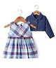 Babyhug Cotton Woven Checkered Frock & Full Sleeves Jacket with Floral Embroidery - Blue