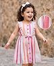 Mark & Mia Cotton Woven Sleeveless Frock & Headband With Stripes Bow Applique & Frill Detailing - White & Pink
