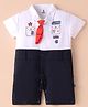 Mini Taurus Interlock Knit Half Sleeves Collared Romper with Tie & Text Print - Navy Blue & White