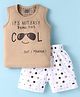 Mini Taurus Sinker Knit Sleeveless Tank T-Shirt  & Shorts Set With Cool Text Print - Tan & White