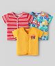Babyhug 100% Cotton Interlock Knit Half Sleeves Antibacterial Front Open jhablas With Stripes & Vehicle Print Pack Of 3 - Yellow Red & Light Blue