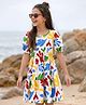 Pine Kids Cotton Knit Half Puffed Sleeves Dress with Leaves Print - White