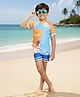 The Mom Store Half Sleeves Space Theme Printed Swimsuit With Swimming Cap Set - Blue & Orange