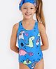 The Mom Store Sleeveless Dinosaur Printed Swimsuit With Headband Set - Blue