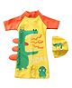 The Mom Store Half Sleeves Dinosaur Printed Swimsuit With Swimming Cap Set - Yellow & Orange
