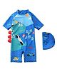The Mom Store Half Sleeves Dinosaur Printed & Applique Detailed Swimsuit With Cap - Blue