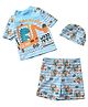 The Mom Store Half Raglan Sleeves Striped & Dinosaur Printed Coordinating Tee & Shorts With Cap Set - Blue