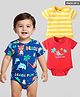 Babyhug 100% Cotton Knit Half Sleeves Onesies With Stripes & Animal Print Pack of 3 - Blue Red  & Yellow