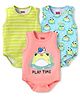 Babyhug 100% Cotton Knit Sleeveless Onesies With Stripes & Animal Print Pack of 3 - Peach Blue & Limegreen