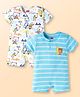 Babyhug 100% Cotton Knit Half Sleeves Romper With Stripes &  Animal Print Pack of 2 - White & Light Blue