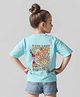 Primo Gino Cotton Knit Half Drop Shoulder Sleeves Oversized T-Shirt with Chest & Back Butterfly Print - Light Blue