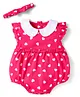 Babyhug 100% Cotton Knit Frill Sleeves Onesie With Heart Print & Headband - Dark Pink