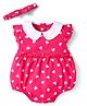 Babyhug 100% Cotton Knit Frill Sleeves Onesie With Heart Print & Headband - Dark Pink