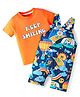 Babyhug Single Jersey Knit Dungaree & Half Sleeves T-Shirt With Animal Print - Blue & Orange