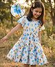 Pine Kids Cotton Woven Flutter Sleeves Frock with Floral Print - White & Light Blue