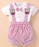 ToffyHouse Interlock Knit Half Sleeves T-Shirt & Striped Shorts With Suspender & Bunny Patch - White & Red
