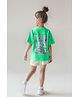 Primo Gino Cotton Knit Half Drop Shoulder Sleeves Oversized T-Shirt with Front & Back Floral Print - Green
