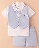 Simply Premium Cotton Woven Half Sleeves Solid Shirt & Shorts With Waistcoat & Bow - Light Blue & White