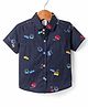 Simply Premium Twill Woven Half Sleeves Printed Shirt with Vehicle Print - Navy Blue