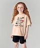 Primo Gino Cotton Knit Half Sleeves T-Shirt With Text Print & Floral Crochet Applique - Beige