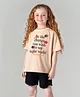 Primo Gino Cotton Knit Half Sleeves T-Shirt With Text Print & Floral Crochet Applique - Beige