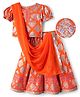 EARTHY TOUCH Single Jersey Knit Half Sleeves Floral Printed Choli & Lehenga Set with Dupatta - Coral Orange