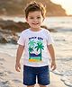 Babyhug Terry Knit Half Sleeves T-Shirt & Denim Shorts Set With Beach Theme Print - White & Blue