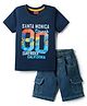 Babyhug Single Jersey Knit Half Sleeves T-Shirt & Denim Shorts Set With California Print - Navy Blue