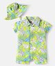 Babyhug 100% Cotton Knit Half Sleeves Romper With Leaf Print & Bucket Hat - Light Green