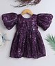 Twetoons Woven Half Puffed Sleeves Party Dress with Floral Applique & Leaf Print - Purple