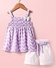 Twetoons Woven Sleevleess Smocked Striped Top & Shorts with Belt & Bow Applique - Lavender & White