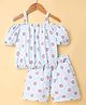 Twetoons Woven Half Cold Shoulder Sleeves Co-ords Top & Shorts Set with Floral Print - Light Blue
