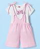 Twetoons Cotton Woven Half Sleeves T-Shirt & Dungree Style Romper  with Checks & Love Text Print - Pink
