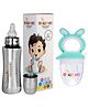 Bunniez Stainless Steel Baby Feeding Bottle -240ml and Light Green Silicone Fruit Nibbler  - Combo of 2