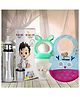 Bunniez Stainless Steel Baby Feeding Bottle -240ml and Silicone Baby Bib - Blue Magenta & Fruit Feeder - Light Green  - Combo of 3