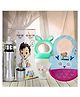 Bunniez Stainless Steel Baby Feeding Bottle -240ml and Silicone Baby Bib - Blue Magenta & Fruit Feeder - Light Green  - Combo of 3