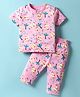 Child World Interlock Knit Front Open Half Sleeves Co-ords Night Suit With Animal Print - Pink