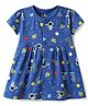 Child World Interlock Knit Half Sleeves Front Open Frock With Space Theme Print - Navy Blue