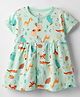 Child World Interlock Knit Half Sleeves Front Open Frock with Jungle Theme Print - Turquoise